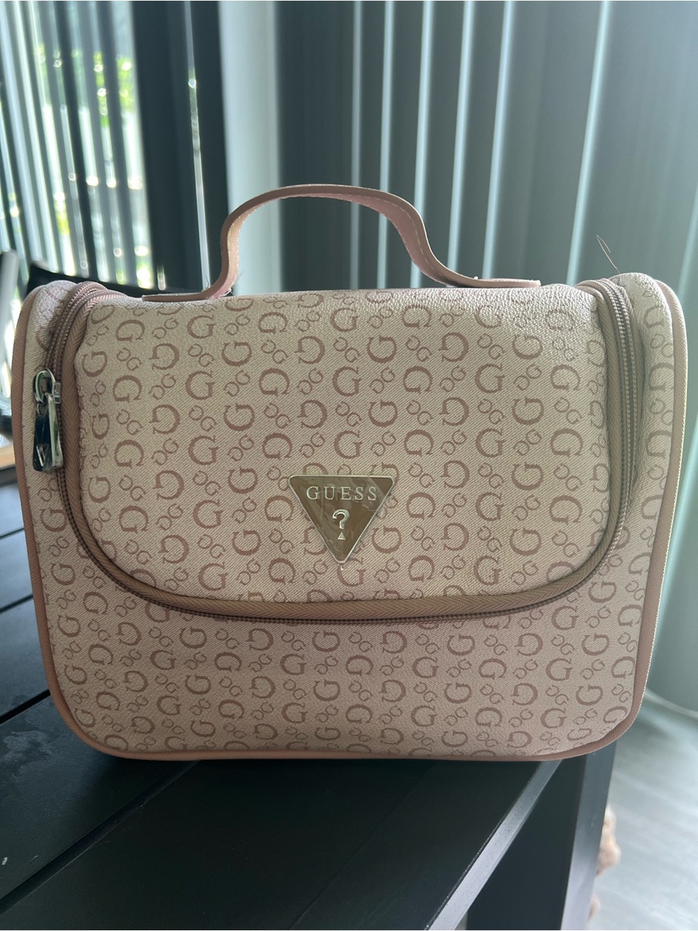 Guess Beige and Pink Logo Travel Cosmetic Case